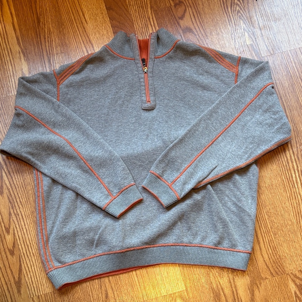 Tommy Bahama ReversMen's Gray Quarter-Zip Sweater with Orange Contrast Stitching